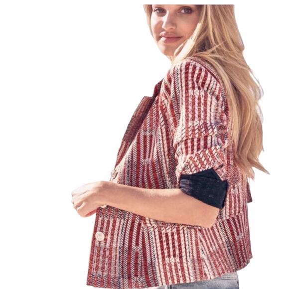 CABi Red Patchwork Tweed Blazer #6028 Double Breasted Anchor Buttons Nautical S - Picture 2 of 14